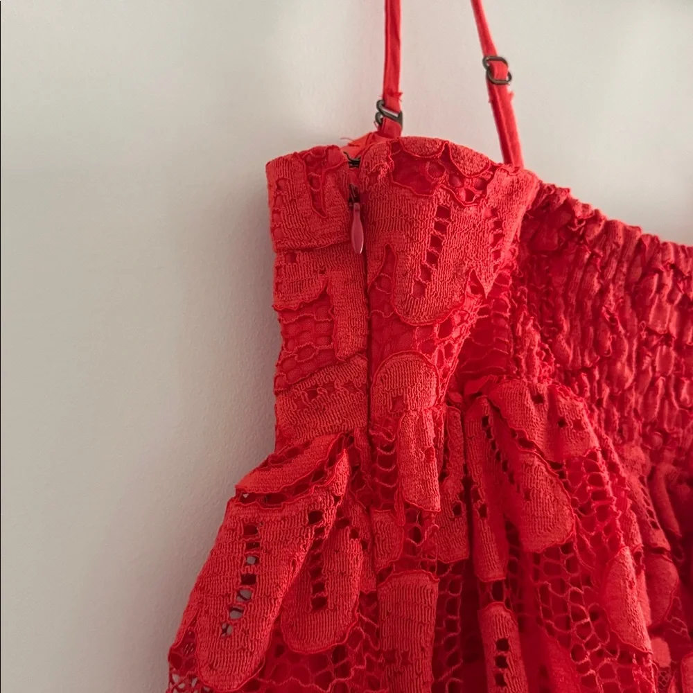 NWT Maeve Anthropologie Strapless Red Lace Tiered Mini Dress Size Small - Picture 11 of 15